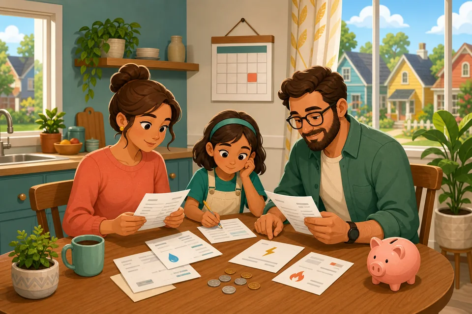 Editorial illustration of a Paralives-style household planning bills and savings at a kitchen table