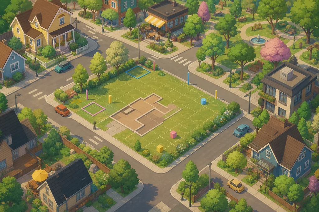 Concept illustration of a Paralives town with an empty lot and a house footprint; not an official screenshot