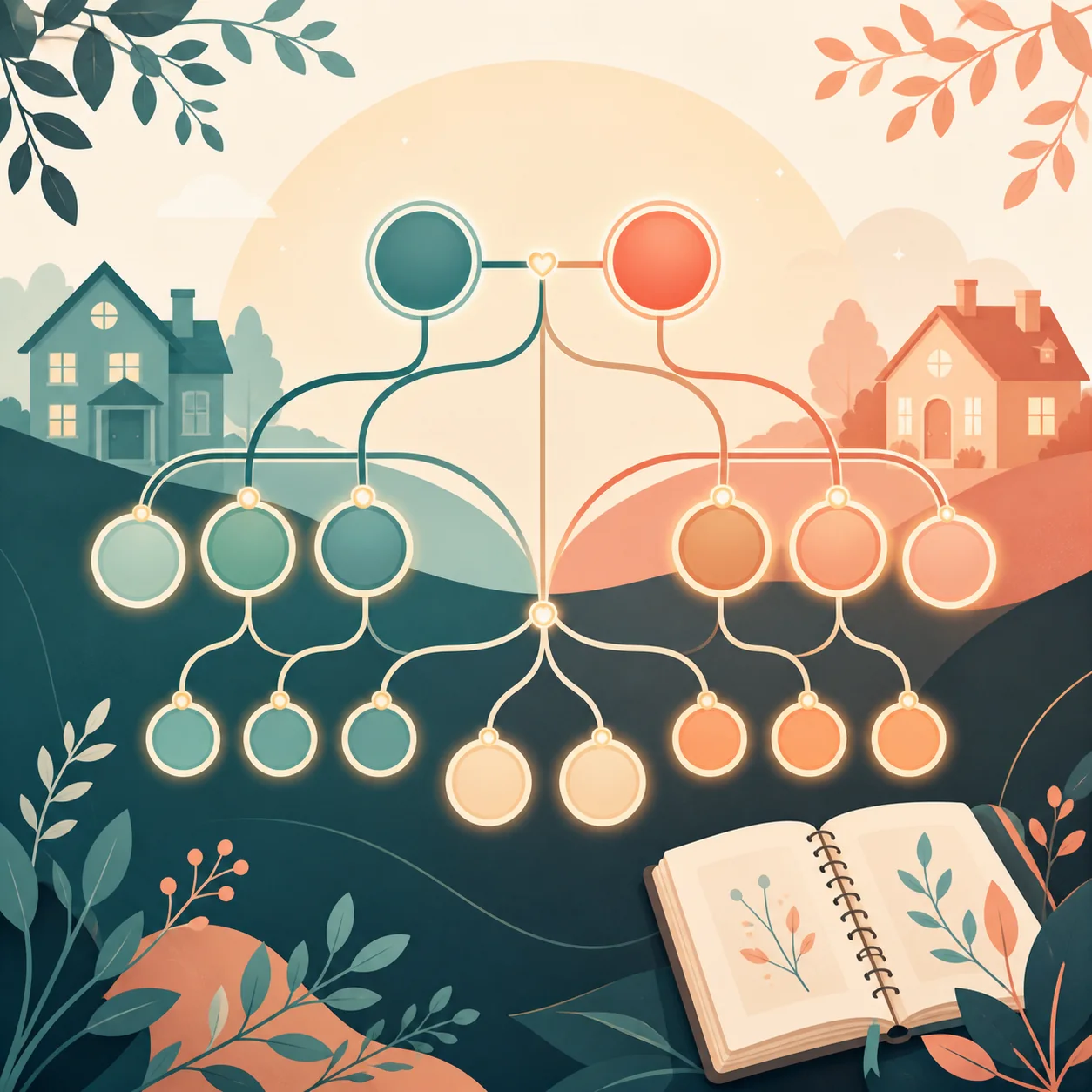 Conceptual family relationship diagram with connected household generations, not an official Paralives interface