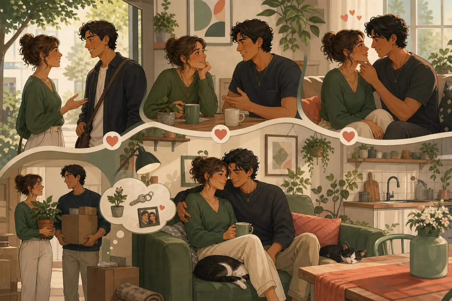 Concept illustration showing romantic relationship stages in a warm Paralives-inspired household scene