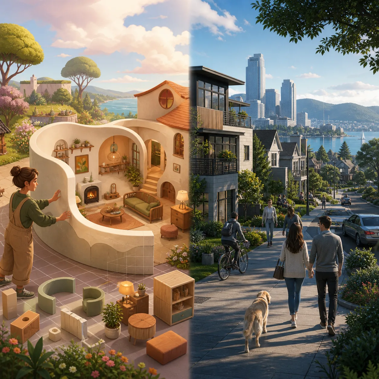 Split-screen concept illustration contrasting Paralives and inZOI life-sim moods